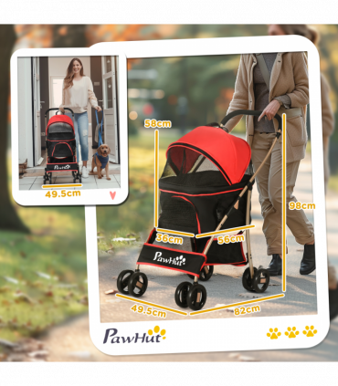 PawHut 3 In 1 Pet Stroller, Detachable Dog Cat Travel Carriage - Red