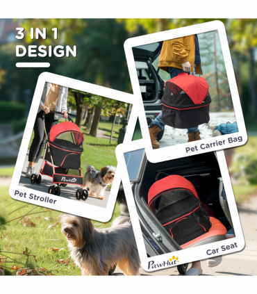 PawHut 3 In 1 Pet Stroller, Detachable Dog Cat Travel Carriage - Red