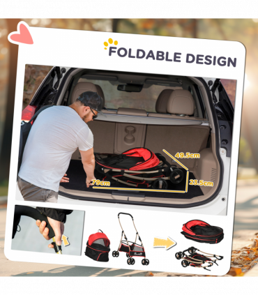 PawHut 3 In 1 Pet Stroller, Detachable Dog Cat Travel Carriage - Red