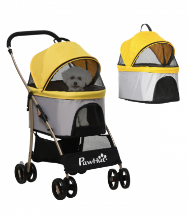 PawHut 3 In 1 Pet Stroller, Detachable Dog Cat Travel Carriage - Yellow