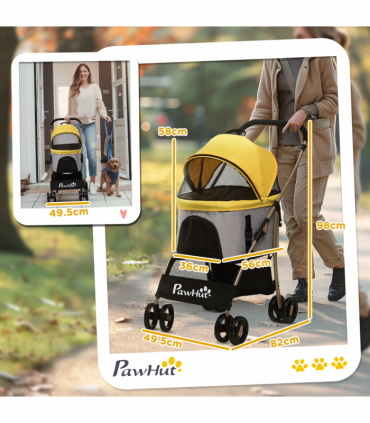 PawHut 3 In 1 Pet Stroller, Detachable Dog Cat Travel Carriage - Yellow