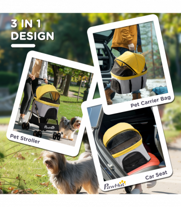 PawHut 3 In 1 Pet Stroller, Detachable Dog Cat Travel Carriage - Yellow