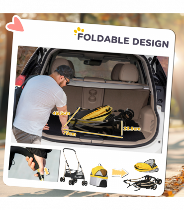 PawHut 3 In 1 Pet Stroller, Detachable Dog Cat Travel Carriage - Yellow