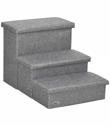 PawHut 3 Step Dog Steps with Storage Boxes, Cat Stairs for Bed Sofa, Light Grey