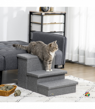 PawHut 3 Step Dog Steps with Storage Boxes, Cat Stairs for Bed Sofa, Light Grey