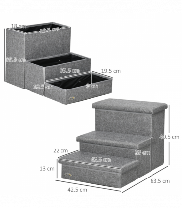 PawHut 3 Step Dog Steps with Storage Boxes, Cat Stairs for Bed Sofa, Light Grey