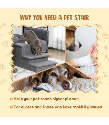 PawHut 3 Step Dog Steps with Storage Boxes, Cat Stairs for Bed Sofa, Light Grey