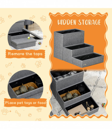 PawHut 3 Step Dog Steps with Storage Boxes, Cat Stairs for Bed Sofa, Light Grey