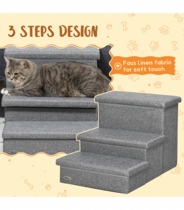 PawHut 3 Step Dog Steps with Storage Boxes, Cat Stairs for Bed Sofa, Light Grey