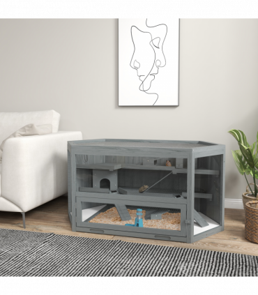 PawHut 3 Tier Wooden Hamster Cage Gerbil Play Centre w/ Sliding Tray Ramps