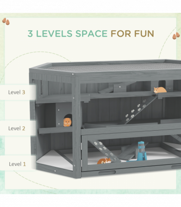 PawHut 3 Tier Wooden Hamster Cage Gerbil Play Centre w/ Sliding Tray Ramps
