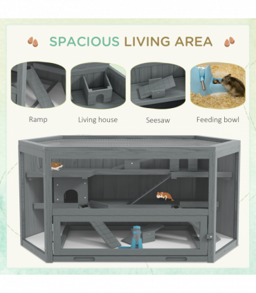 PawHut 3 Tier Wooden Hamster Cage Gerbil Play Centre w/ Sliding Tray Ramps