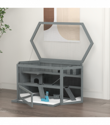 PawHut 3 Tier Wooden Hamster Cage Gerbil Play Centre w/ Sliding Tray Ramps