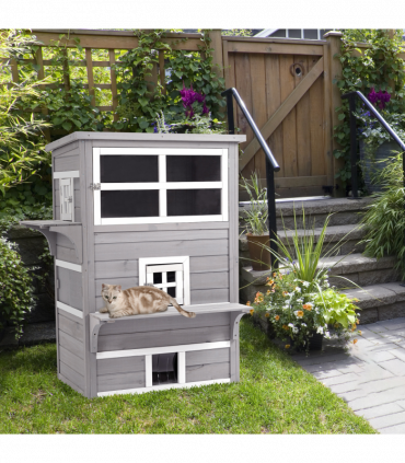 PawHut 3 Tier Wooden Kitten Shelter for Indoor, Outdoor, Grey