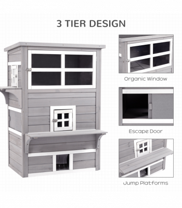 PawHut 3 Tier Wooden Kitten Shelter for Indoor, Outdoor, Grey