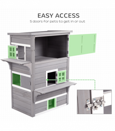 PawHut 3 Tier Wooden Kitten Shelter for Indoor, Outdoor, Grey