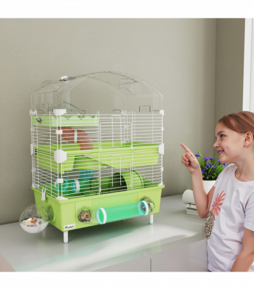PawHut 3-Tier Hamster Cage, Hamster Habitat with Accessories, Green