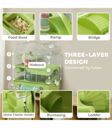 PawHut 3-Tier Hamster Cage, Hamster Habitat with Accessories, Green