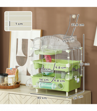 PawHut 3-Tier Hamster Cage, Hamster Habitat with Accessories, Green