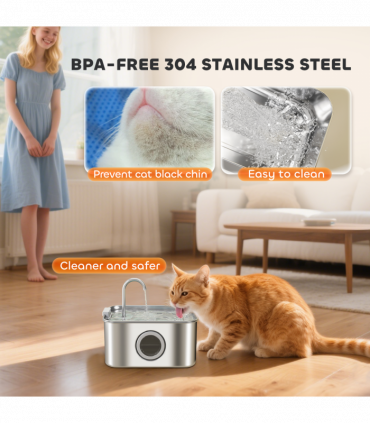 PawHut 3.2L Cat Water Fountain for Drinking Stainless Steel Ultra-Silent