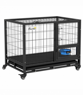 PawHut 36" Heavy Duty Dog Crate on Wheels w/ Bowl Holder, Removable Tray