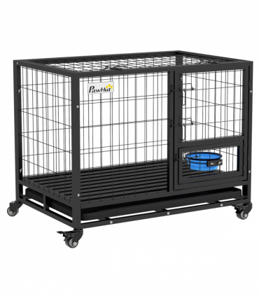 PawHut 36" Heavy Duty Dog Crate on Wheels w/ Bowl Holder, Removable Tray