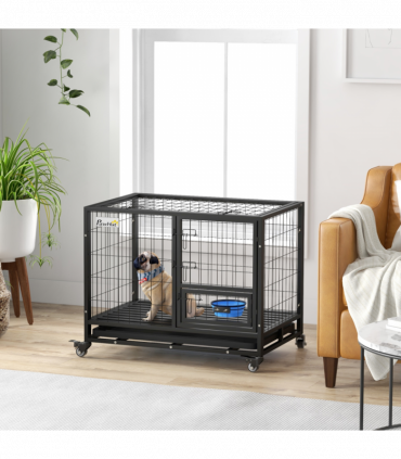 PawHut 36" Heavy Duty Dog Crate on Wheels w/ Bowl Holder, Removable Tray