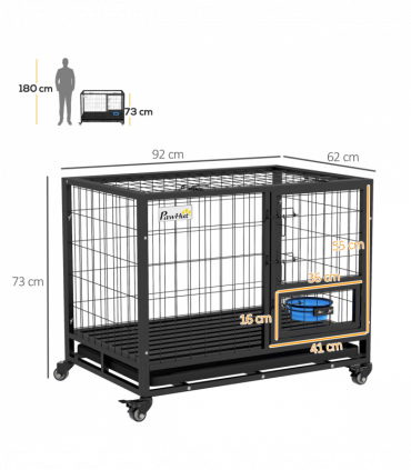 PawHut 36" Heavy Duty Dog Crate on Wheels w/ Bowl Holder, Removable Tray
