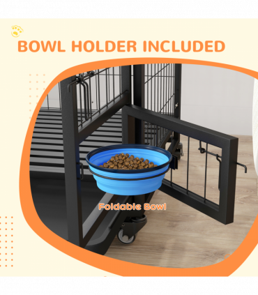 PawHut 36" Heavy Duty Dog Crate on Wheels w/ Bowl Holder, Removable Tray