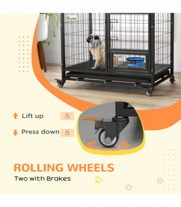 PawHut 36" Heavy Duty Dog Crate on Wheels w/ Bowl Holder, Removable Tray
