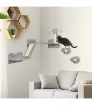 PawHut 3PCs Corner Design Cat Wall Shelves Furniture, Light Grey