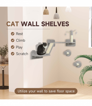 PawHut 3PCs Corner Design Cat Wall Shelves Furniture, Light Grey