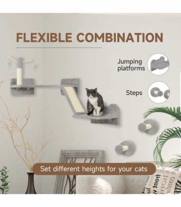 PawHut 3PCs Corner Design Cat Wall Shelves Furniture, Light Grey