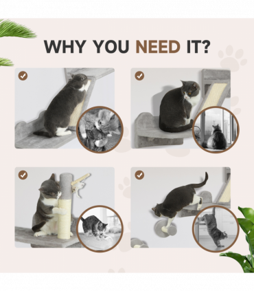 PawHut 3PCs Corner Design Cat Wall Shelves Furniture, Light Grey