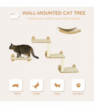 PawHut 3PCs Wall Mounted Cat Tree Cat Climbing Shelf Set Scratching Post