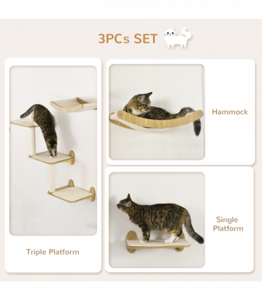PawHut 3PCs Wall Mounted Cat Tree Cat Climbing Shelf Set Scratching Post