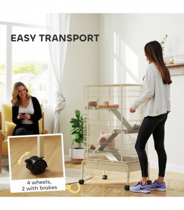 PawHut 4 Levels Rolling Small Animal Cage, Rabbit Cage with 15cm Deep Bottom