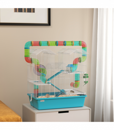 PawHut 4 Tier Hamster Cage with Tubes, for Drawf, 58 x 36 x 65cm, Light Blue