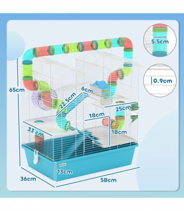 PawHut 4 Tier Hamster Cage with Tubes, for Drawf, 58 x 36 x 65cm, Light Blue