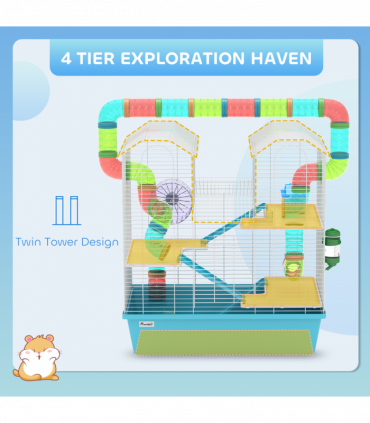 PawHut 4 Tier Hamster Cage with Tubes, for Drawf, 58 x 36 x 65cm, Light Blue