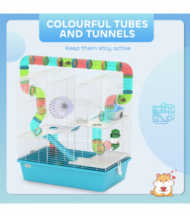 PawHut 4 Tier Hamster Cage with Tubes, for Drawf, 58 x 36 x 65cm, Light Blue