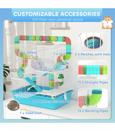 PawHut 4 Tier Hamster Cage with Tubes, for Drawf, 58 x 36 x 65cm, Light Blue
