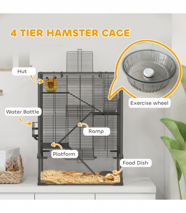 PawHut 4 Tiers Hamster Cage with Deep Tempered Glass Bottom, 60 x 40 x 80cm