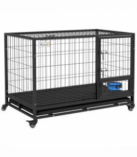 PawHut 48" Heavy Duty Dog Crate on Wheels w/ Bowl Holder, Removable Tray
