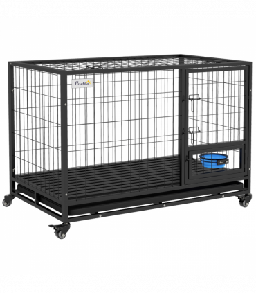 PawHut 48" Heavy Duty Dog Crate on Wheels w/ Bowl Holder, Removable Tray