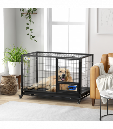 PawHut 48" Heavy Duty Dog Crate on Wheels w/ Bowl Holder, Removable Tray
