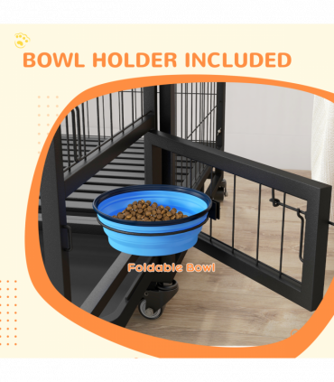 PawHut 48" Heavy Duty Dog Crate on Wheels w/ Bowl Holder, Removable Tray