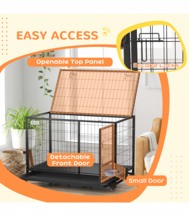 PawHut 48" Heavy Duty Dog Crate on Wheels w/ Bowl Holder, Removable Tray