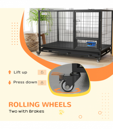 PawHut 48" Heavy Duty Dog Crate on Wheels w/ Bowl Holder, Removable Tray
