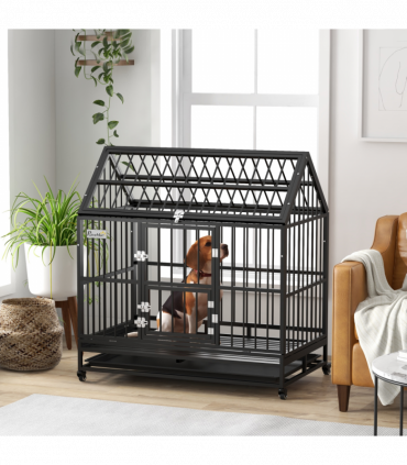 PawHut 48" Heavy Duty Dog Crate on Wheels w/ Removable Tray, Openable Top